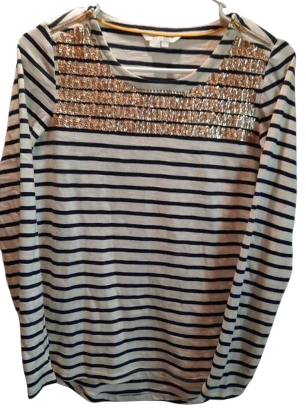 Boden Blouse Womans 4 Black White Stripes Sequin Zipper Classic Casual Party